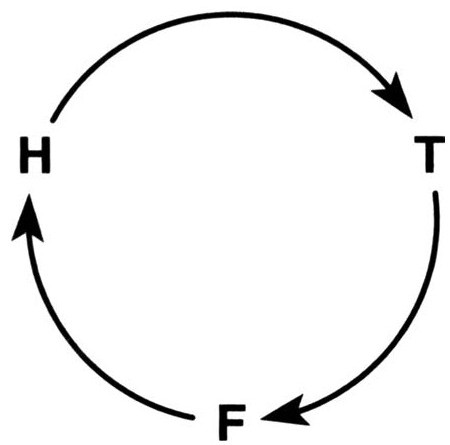 间段结束时改变定律。新的定律与旧的定律相反,是逆时针而不是顺时针。 现在让系统逆向运转和前次同样长