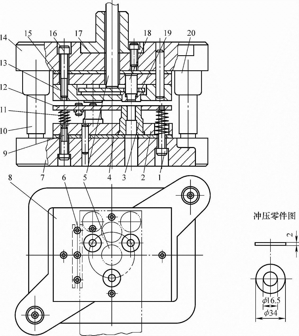 图2-26 普通垫圈标准定型倒装结构复合冲裁模