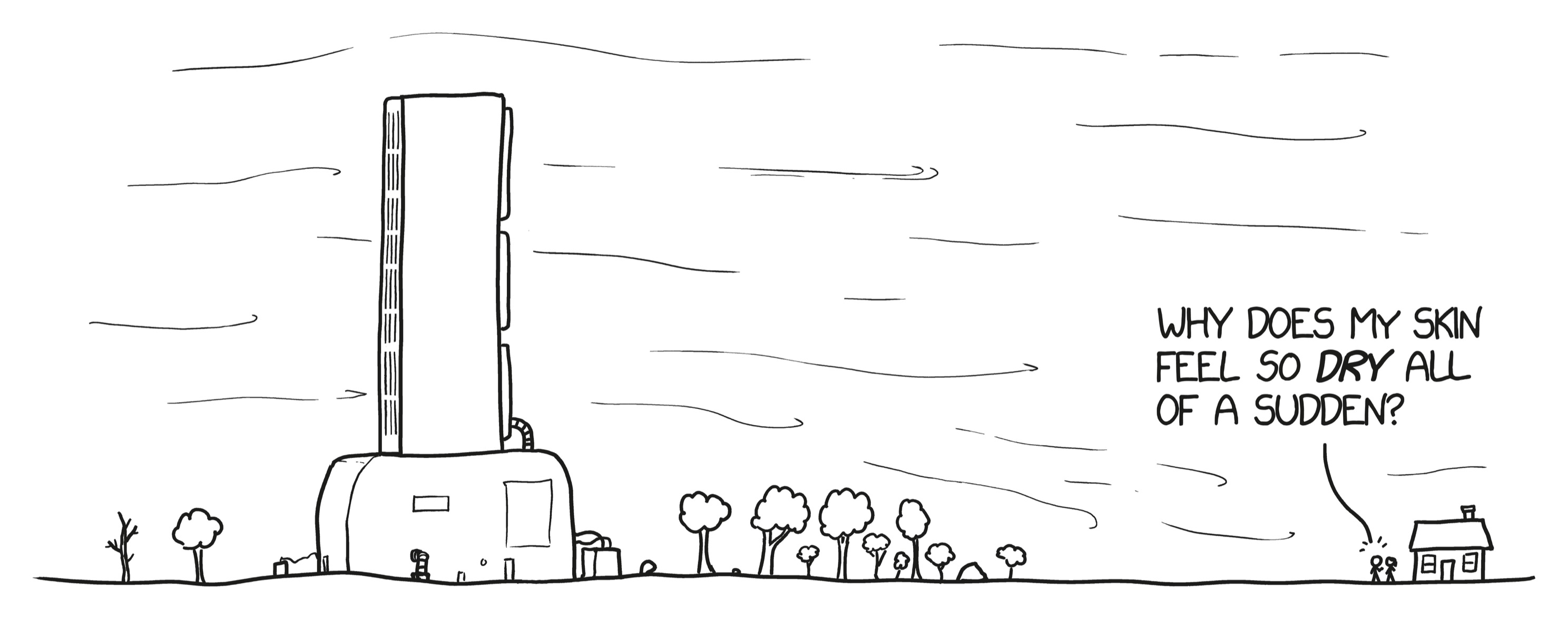 Illustration of a giant humidifier towering over trees, as well as a house downwind. Next to the house, a stick figure says, “Why does my skin feel so dry all of a sudden?”