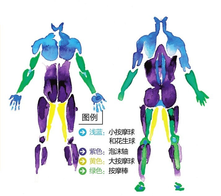 图例浅蓝：小按摩球和花生球紫色：泡沫轴 黄色：大按摩球 绿色：按摩棒