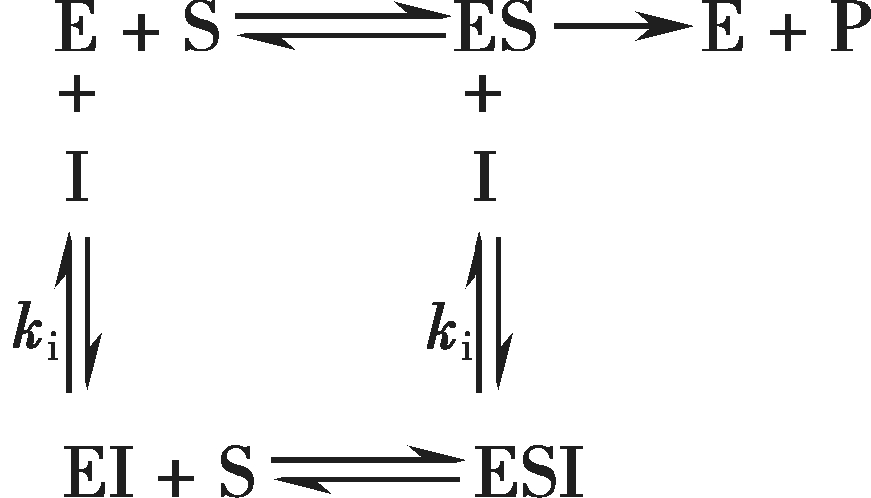 按米氏方程式的推导方法,非竞争性抑制剂作用的双倒数方程式如下
