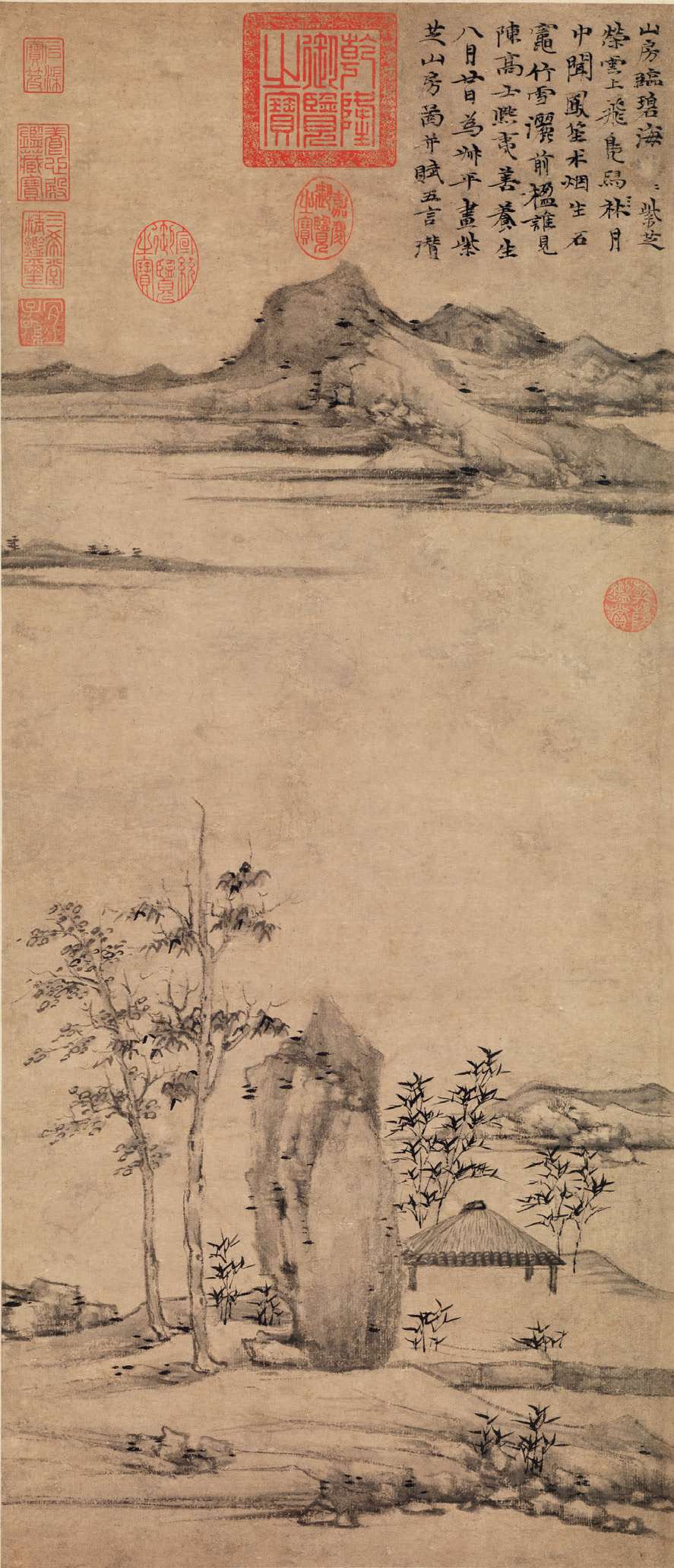 2.28 倪瓒《紫芝山房图》,约1370年,纸本设墨,80.5cm×34.