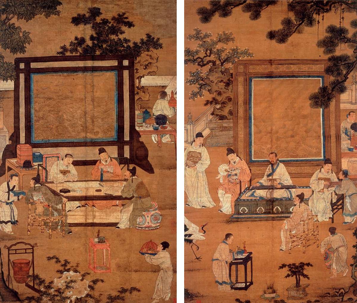 2 杜堇《十八学士图》,四联立轴,绢本设墨设色,每幅79cm×134cm,上海