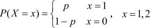 p x PX x( = ={) 1−p x==1 0，x=1,2