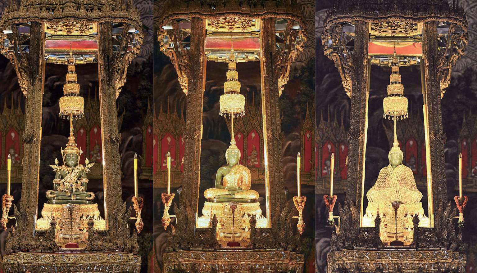 玉佛寺内供奉的玉佛,按服装从左至右为热季,雨季和凉季