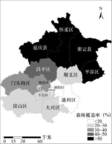 图2—7 北京市森林覆盖率分布图