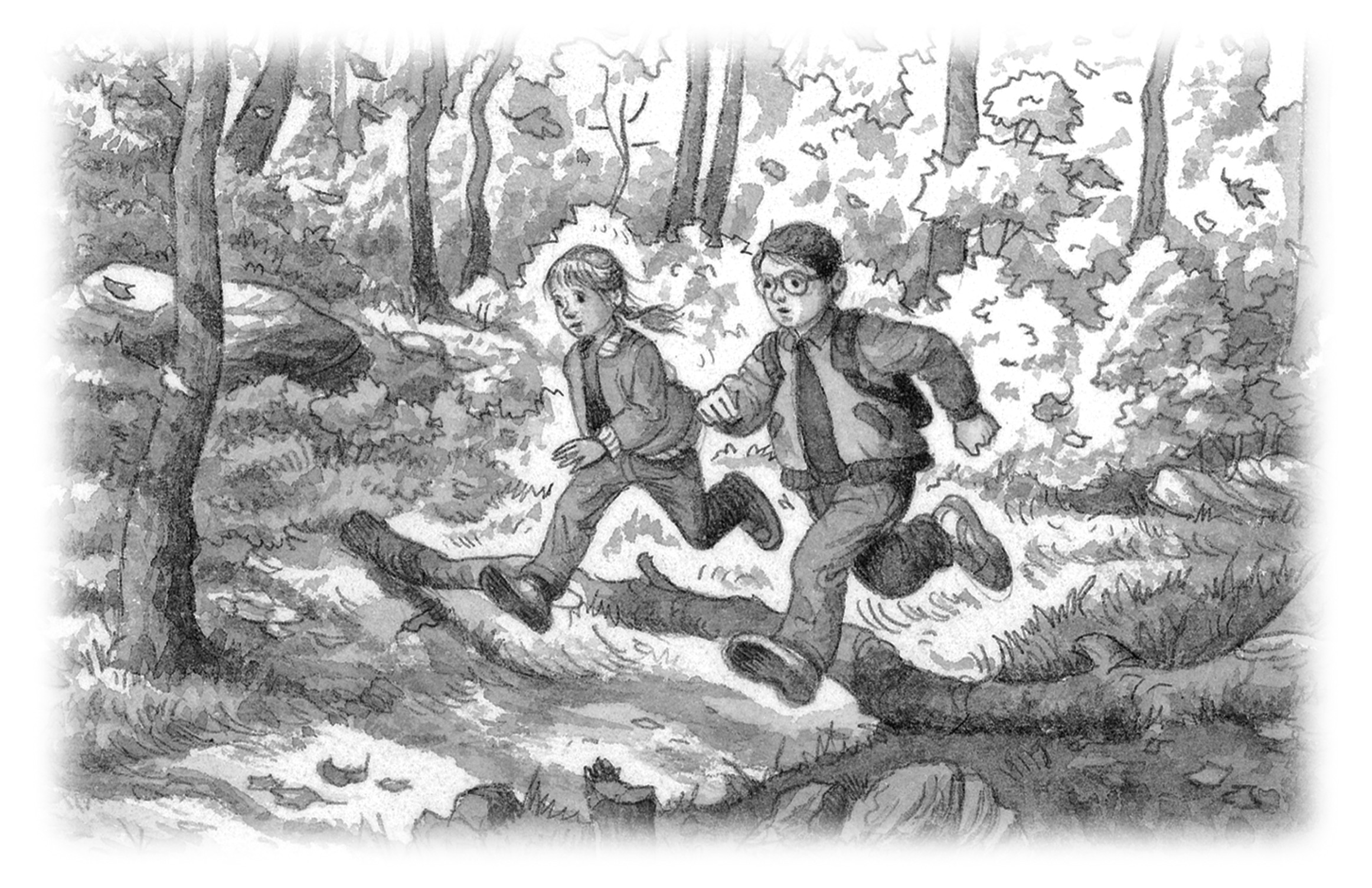 Jack and Annie running through the woods