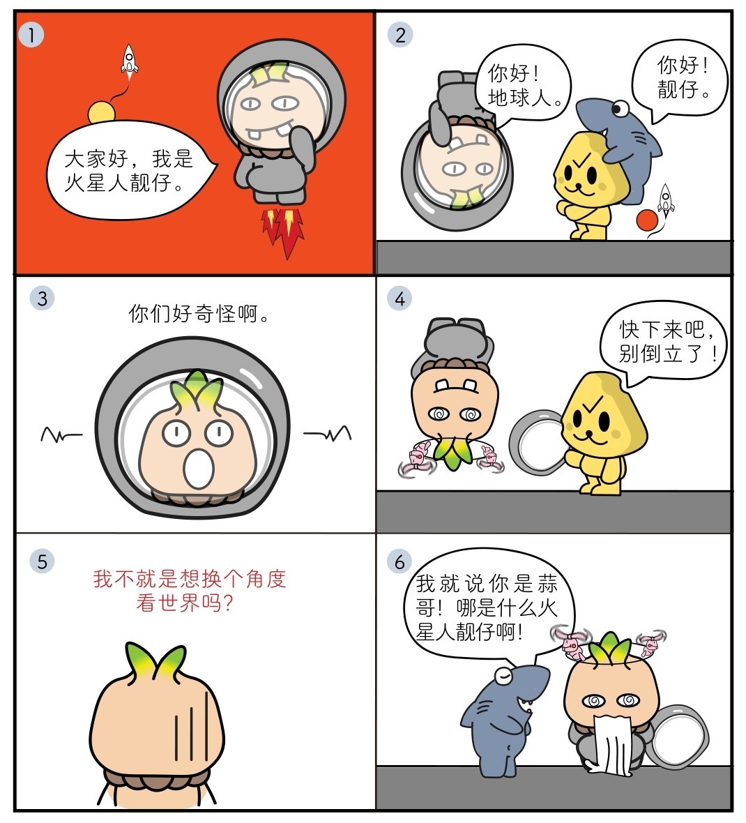 1 2 3你们好奇怪啊。大家好,我是火星人靓仔。4你好!地球人。快下来吧,别倒立了!你好!靓仔。我不就是想换个角度看世界吗?5 6我就说你是蒜哥!哪是什么火星人靓仔啊!